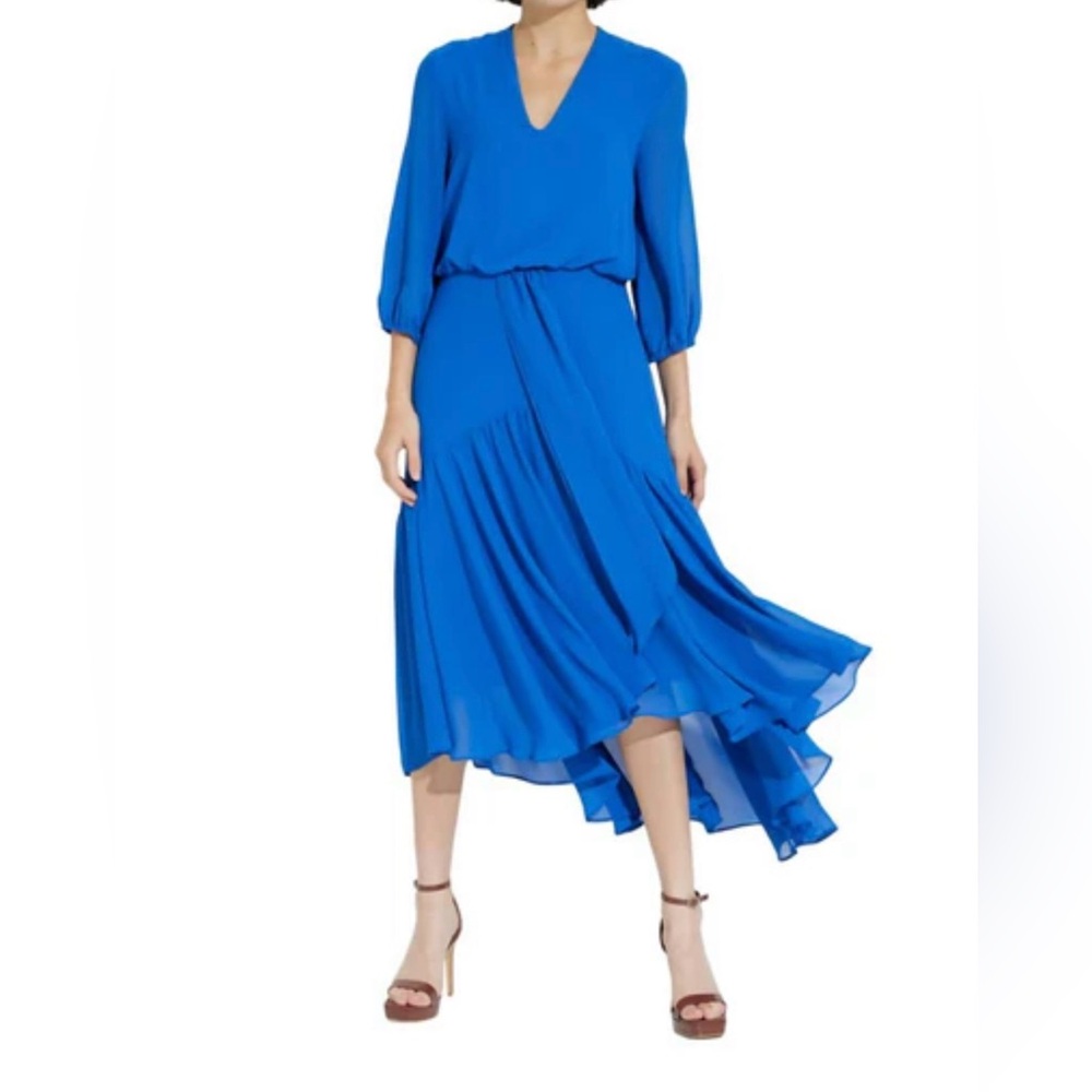 TAYLOR Blue High-Low Flowy Midi Dress Sheer 3/4 Sleeves NWT | Size Large